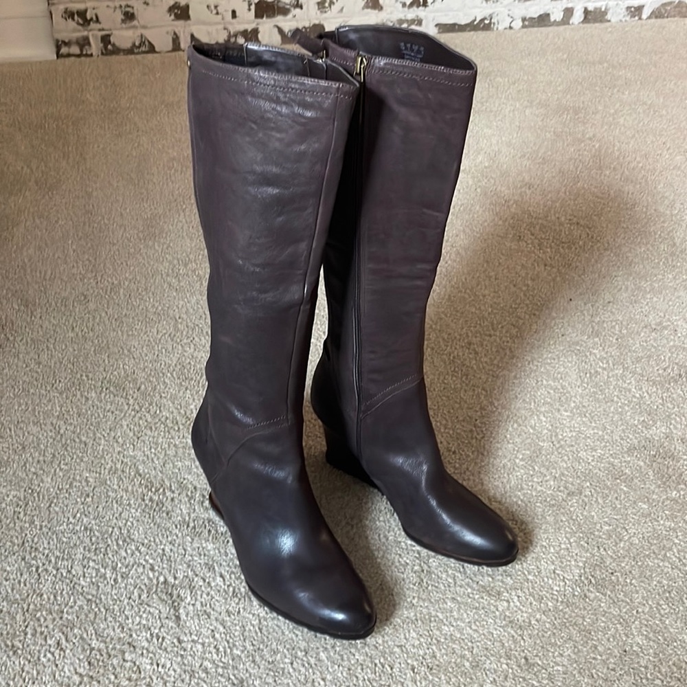 Franco Sarto Diodati Knee High Wedge Boots Brown Leather